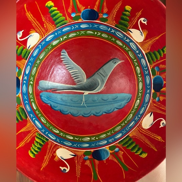 Mexican Red Bowl Multi Color Hand Painted Flowers Swan Bird Folk Art Decor Wood - Picture 2 of 9